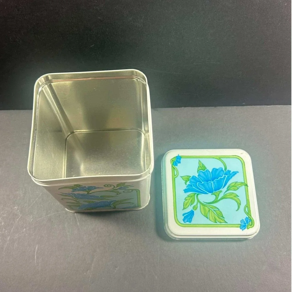 Floral Vintage Retro Tin White Blue Square Canister Small